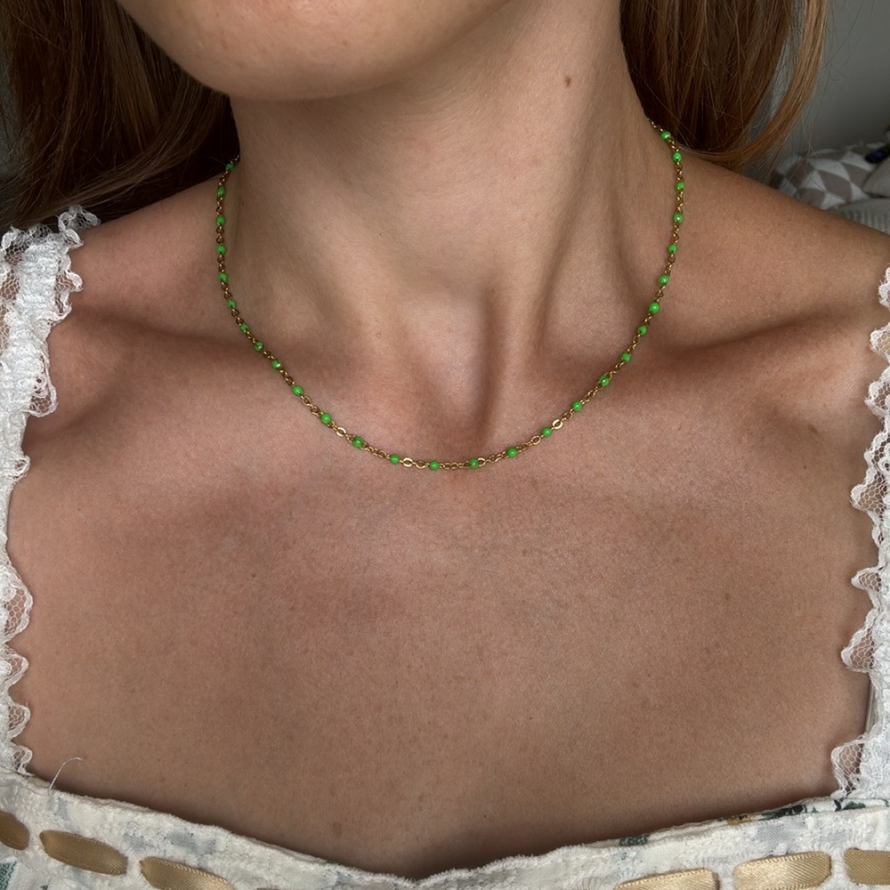 Dainty gold & green beaded look necklace delicate jeweled chain stainless steel